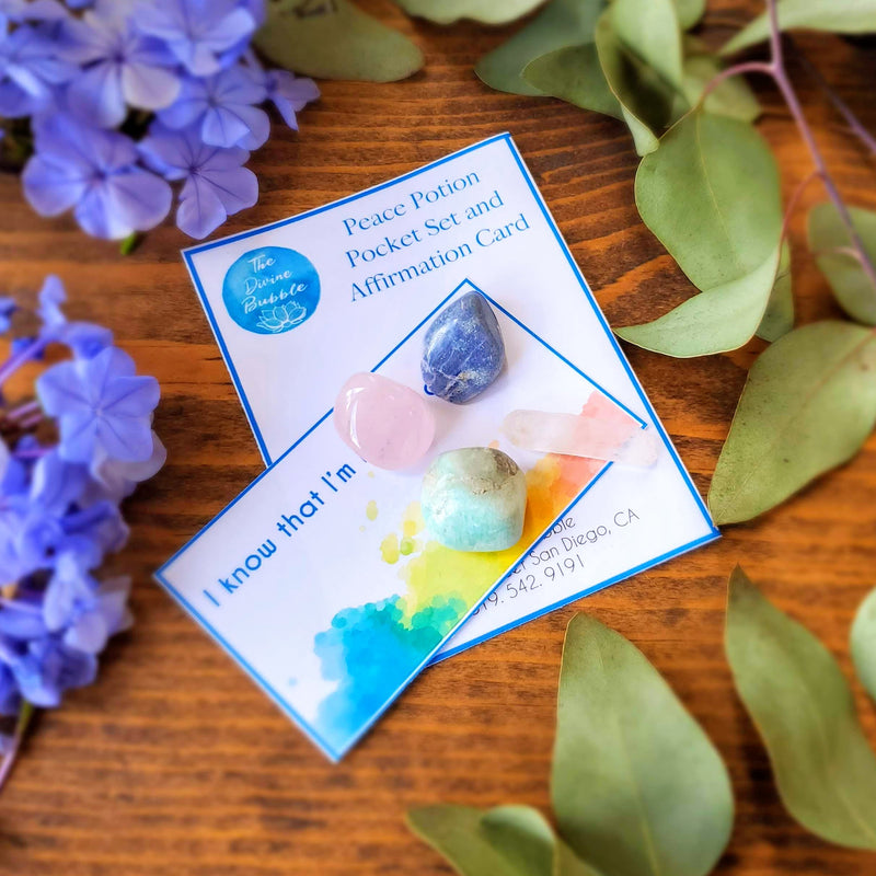 Our Anxiety Relief Pocket Positivity Set includes One (1) Rose Quartz: Provides a new foundation where inner peace can become a reality.  One (1) Sodalite: Brings a sense of order to all things and helps release any fears you may have.  One (1) Blue Tiger's Eye Alleviates worry while redirecting your anger or irritability into positive action.  One (1) Laser Quartz Point: Harmonizes all of the crystal set energies.