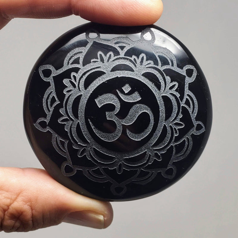 Black Obsidian Engraved '"OHM' Palmstones - For Clarity and Protection