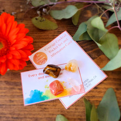 The contents of our Confidence Pocket Positivity Set, including Carnelian, Tiger's Eye, Peach Moonstone, and Quartz Laser Point, all laid out on a stained wood slab and surrounded by flowers and leaves 