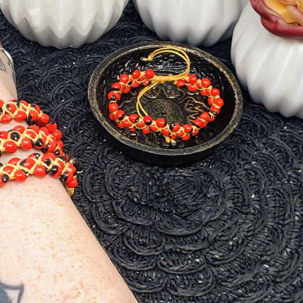 Adjustable Huayruro Seed Bracelet lying in a decorative dish on a black background
