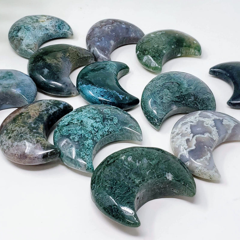 Moss Agate Moon Palmstones - For Peace & Divine Guidance