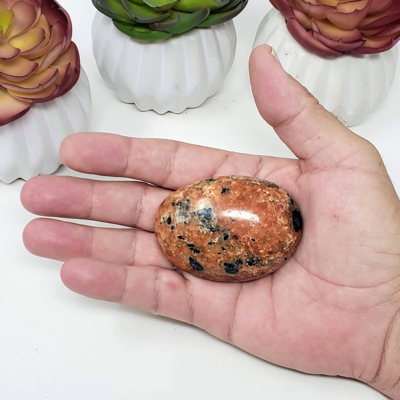 An Orchid Calcite palm stone cradled in an open hand with potted succulents in the background