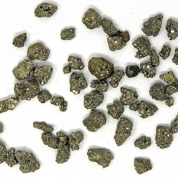 A vast variety of sizes of Pyrite Baby Clusters scattered on a white background