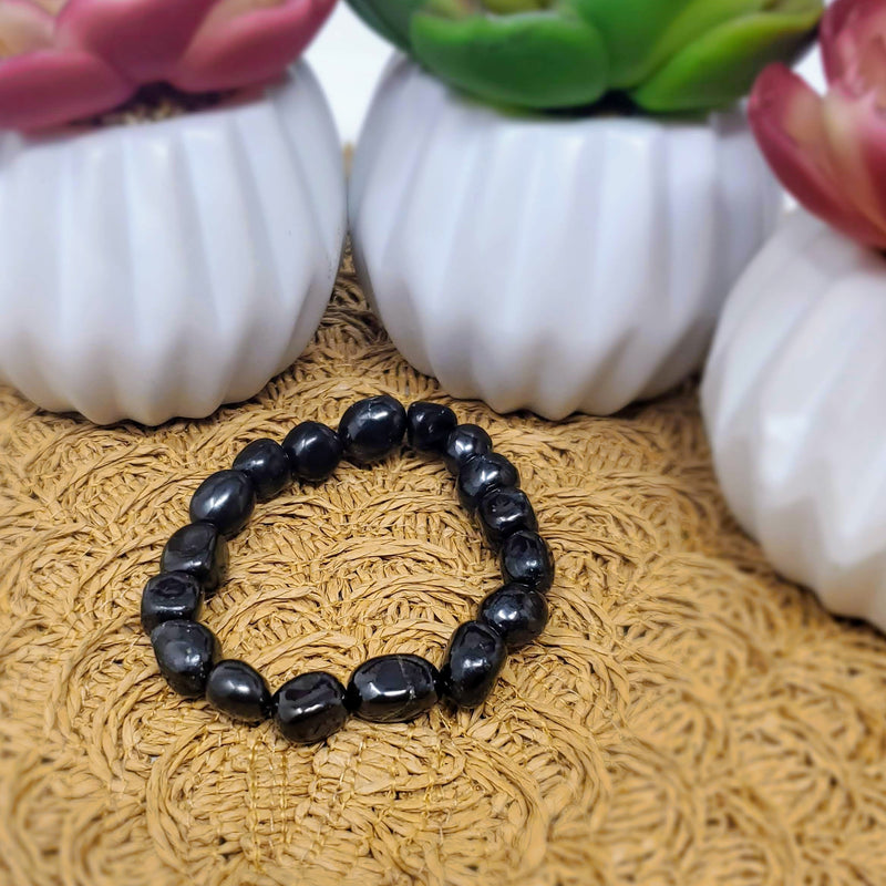 Tumbled bead Shungite bracelet surrounded by potted succulents